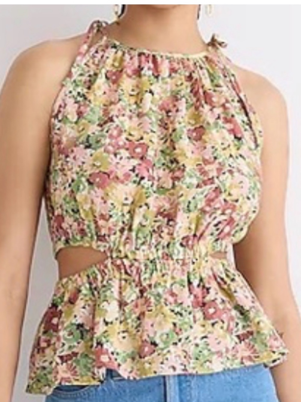 J. CREW Pink Green Floral Sleeveless Halter Peplum Linen Cutout Tank Top NEW NWT
